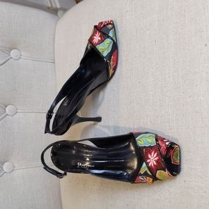 Poletto Floral Fabric Slingback Open Toe Heels - image 1